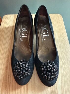 AGL Black Suede Women's Flats with Beaded Toe Medallion